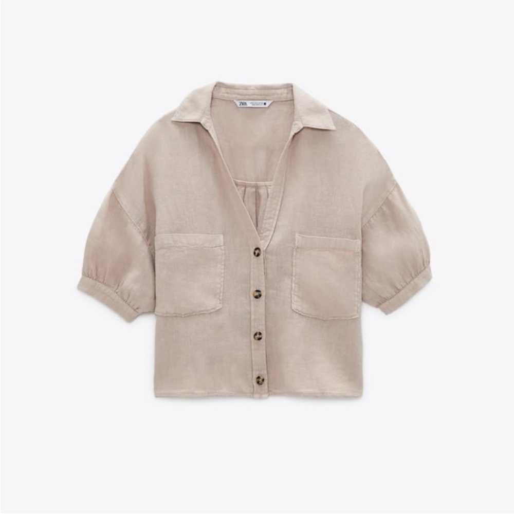 Zara 100% linen Beige Button-Down Shirt Size S